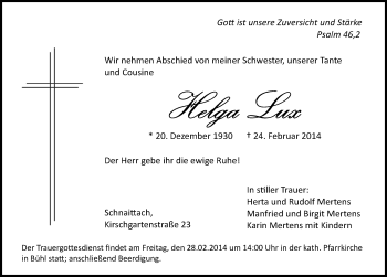 Traueranzeige von Helga Lux von Pegnitz-Zeitung